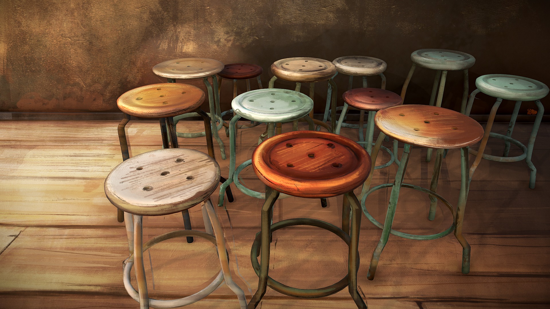 3D model Stools - This is a 3D model of the Stools. The 3D model is about a group of stools on a wood deck.