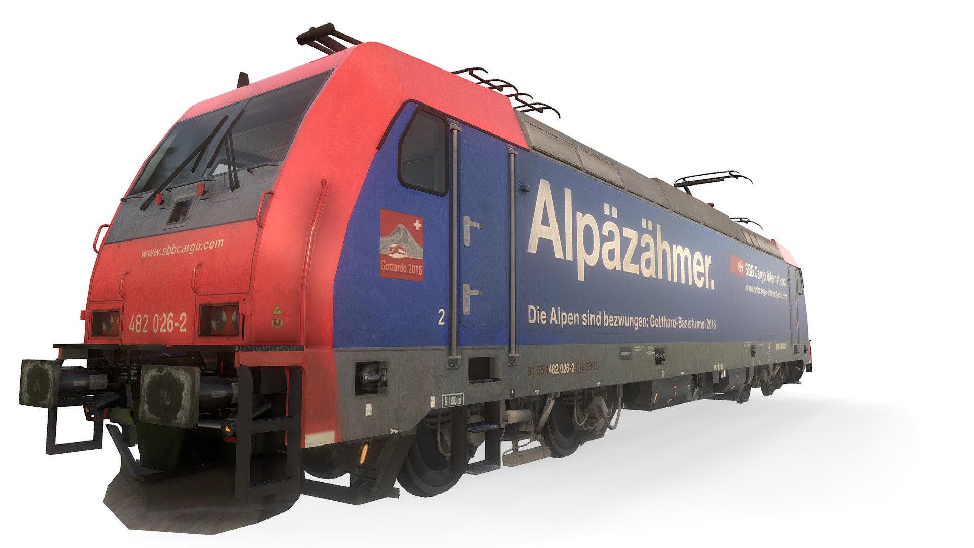 3D model Locomotive Class 185 – RE482 026-2 – SBB - This is a 3D model of the Locomotive Class 185 - RE482 026-2 - SBB. The 3D model is about a blue train on a track.