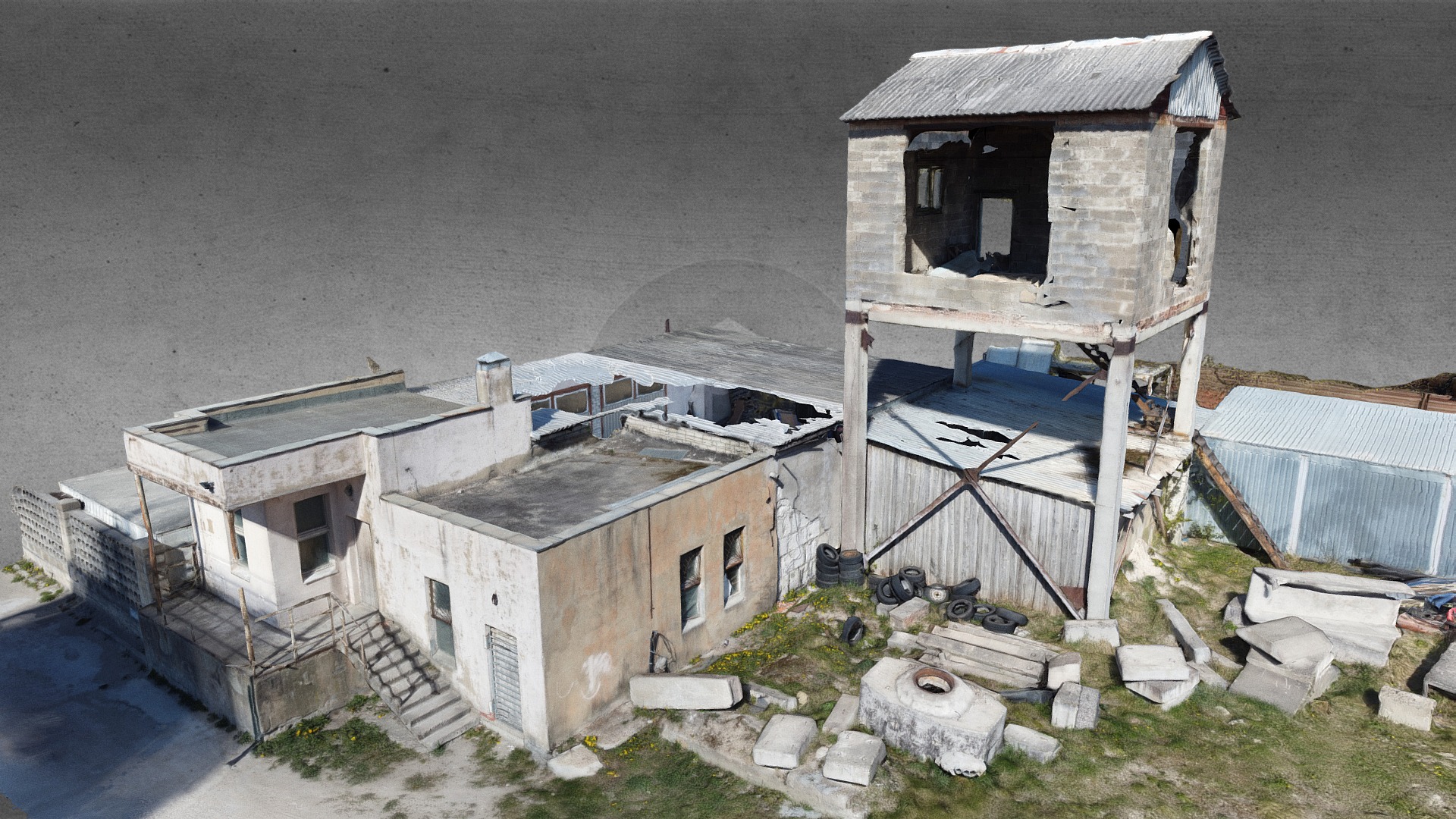 3D model Abandoned Factory Territory - This is a 3D model of the Abandoned Factory Territory. The 3D model is about a couple of buildings next to each other on a beach.
