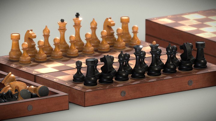Soviet Style Wooden Chess Set 3D Model