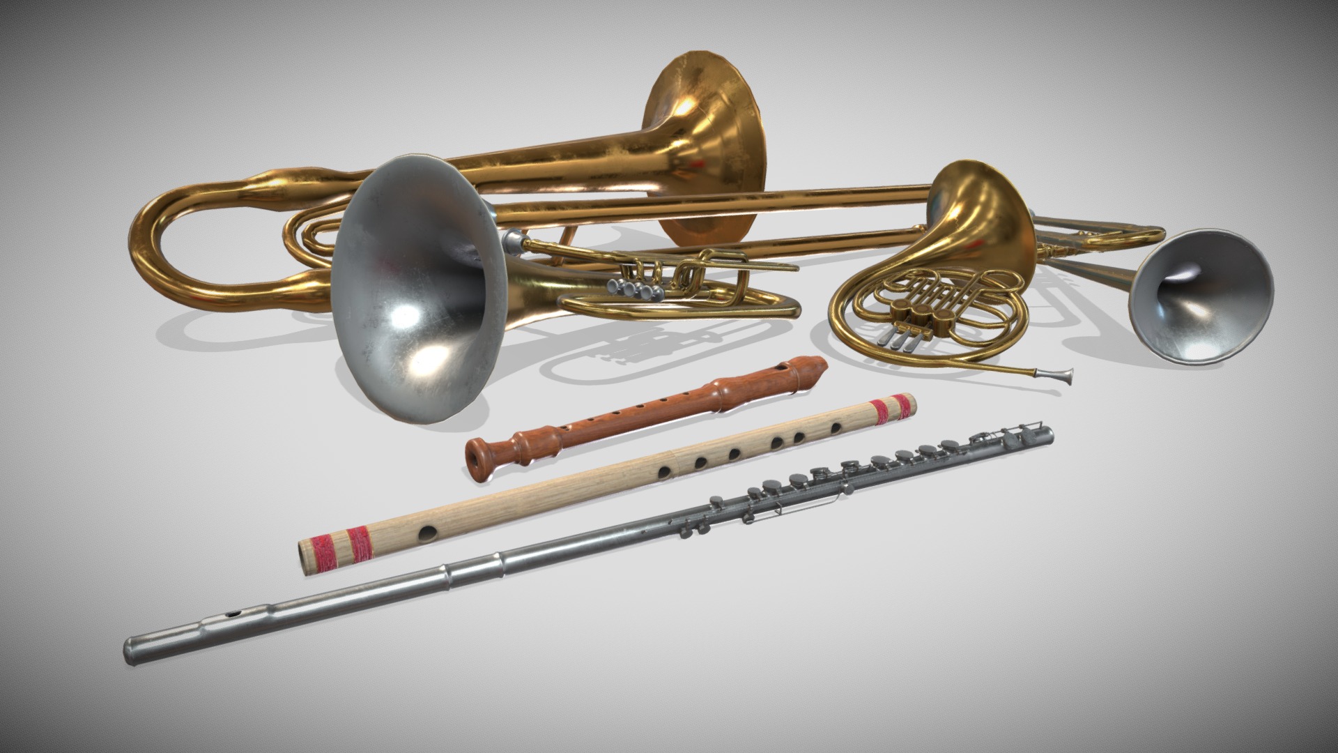 3D model Assembly Musical Instruments - This is a 3D model of the Assembly Musical Instruments. The 3D model is about a set of brass and silver swords.
