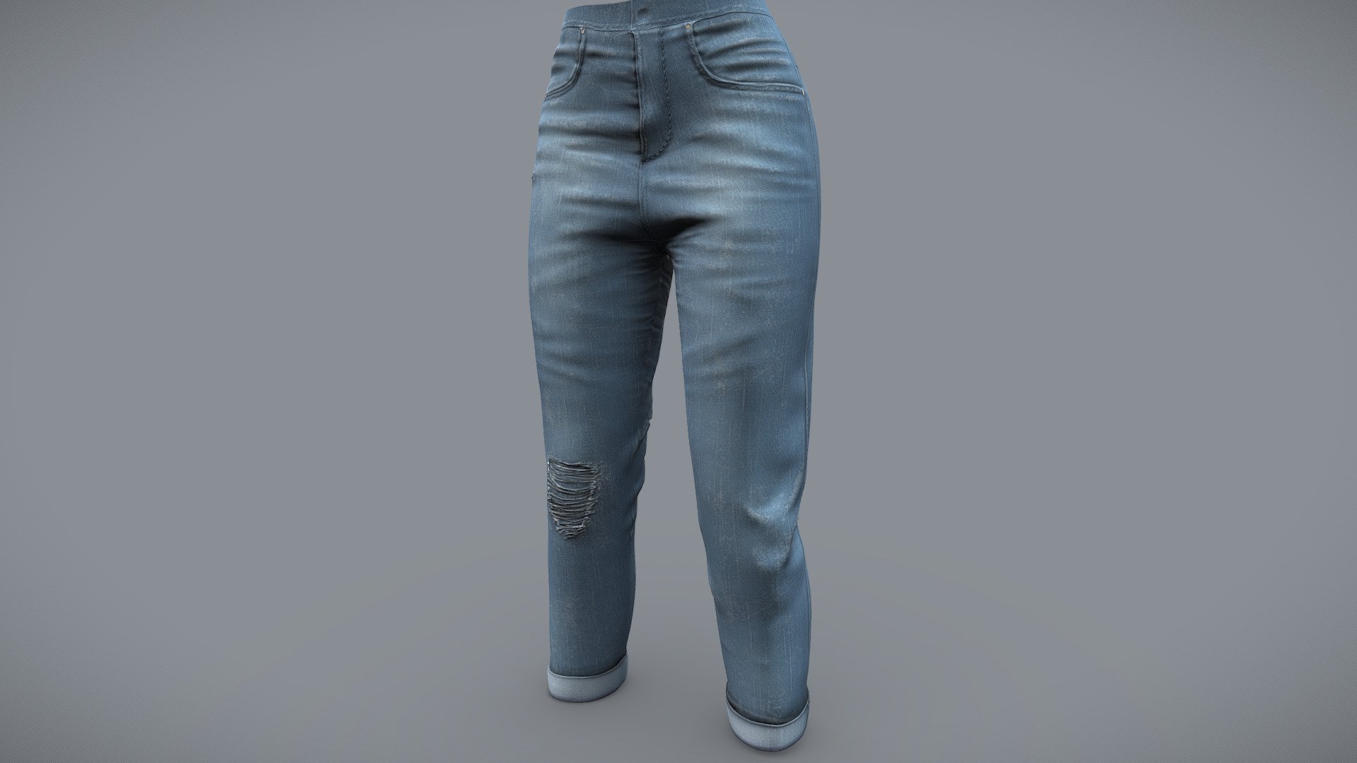 Female Ripped Rolled Legs Blue Denim Pants - Buy Royalty Free 3D model ...