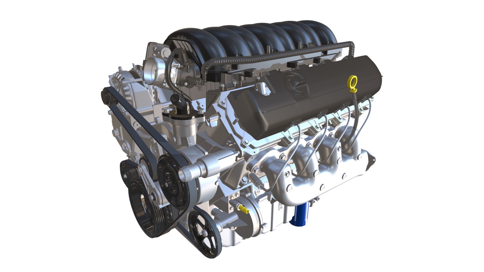 3D model Chevrolet Silverado V8 Engine - This is a 3D model of the Chevrolet Silverado V8 Engine. The 3D model is about a black and silver motor.