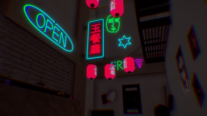 Alley with neon lights 3D Model