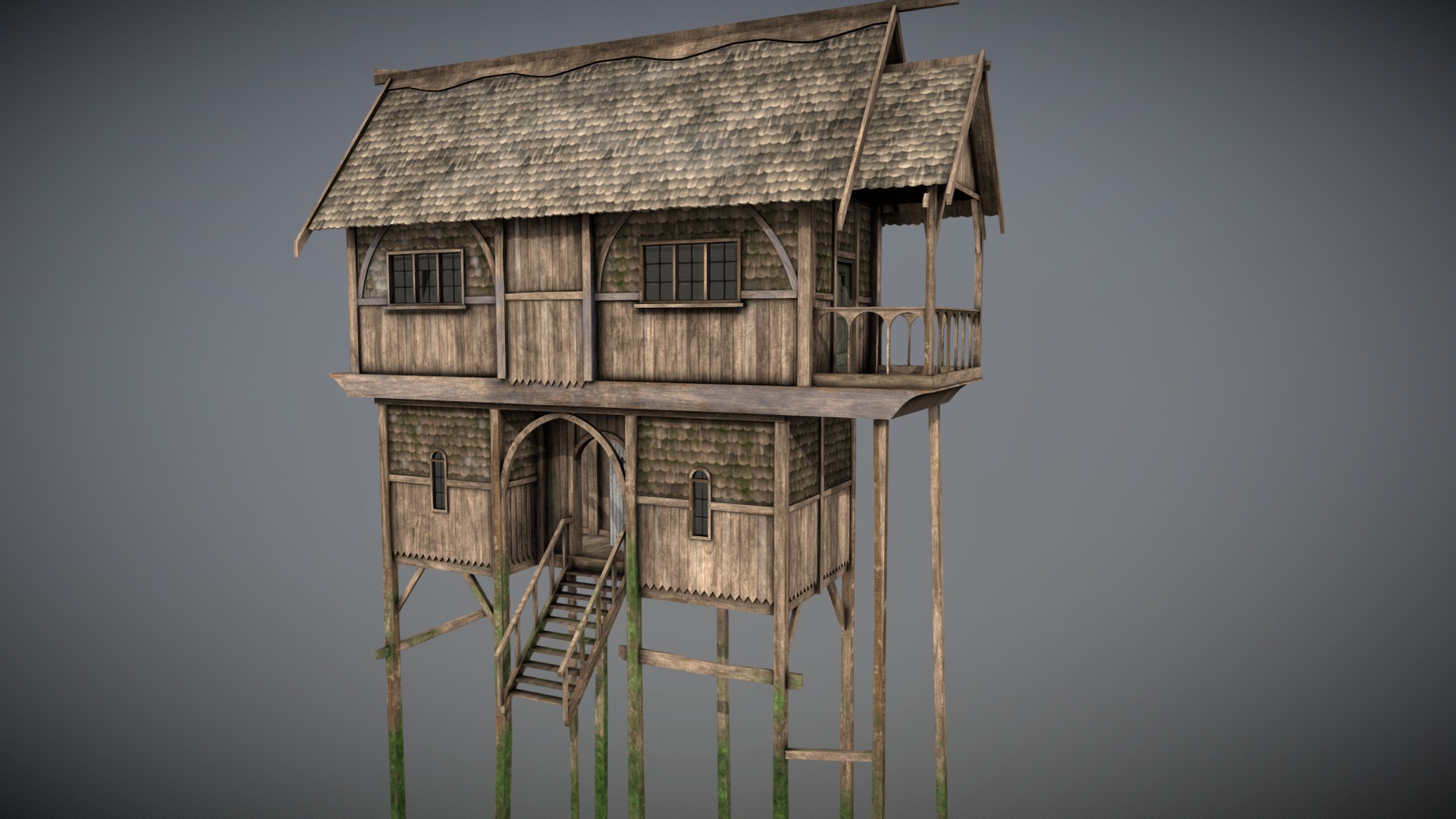 3D model Medieval Lake Village – House 3 with interiors - This is a 3D model of the Medieval Lake Village - House 3 with interiors. The 3D model is about a wooden house with a ladder.