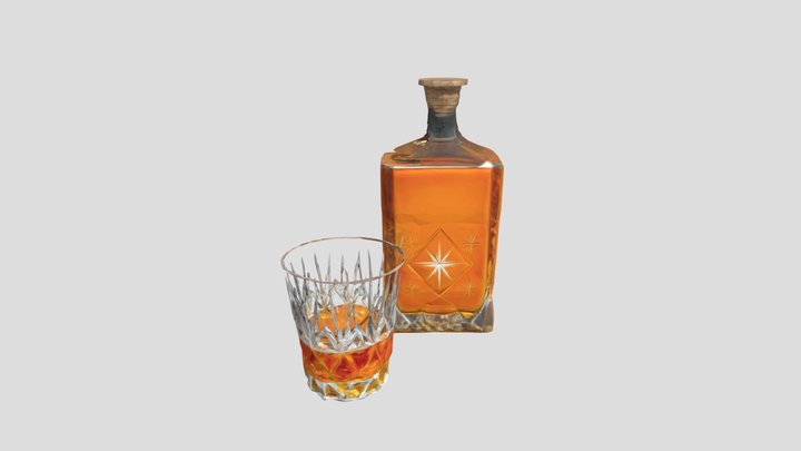 Whiskey Bottle with a cup of whiskey 3D Model