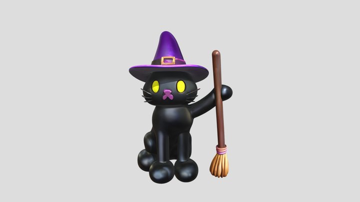 Witch cat with broom 3D Model