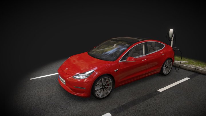 Tesla Model 3 + wallbox - lowpoly 3D Model