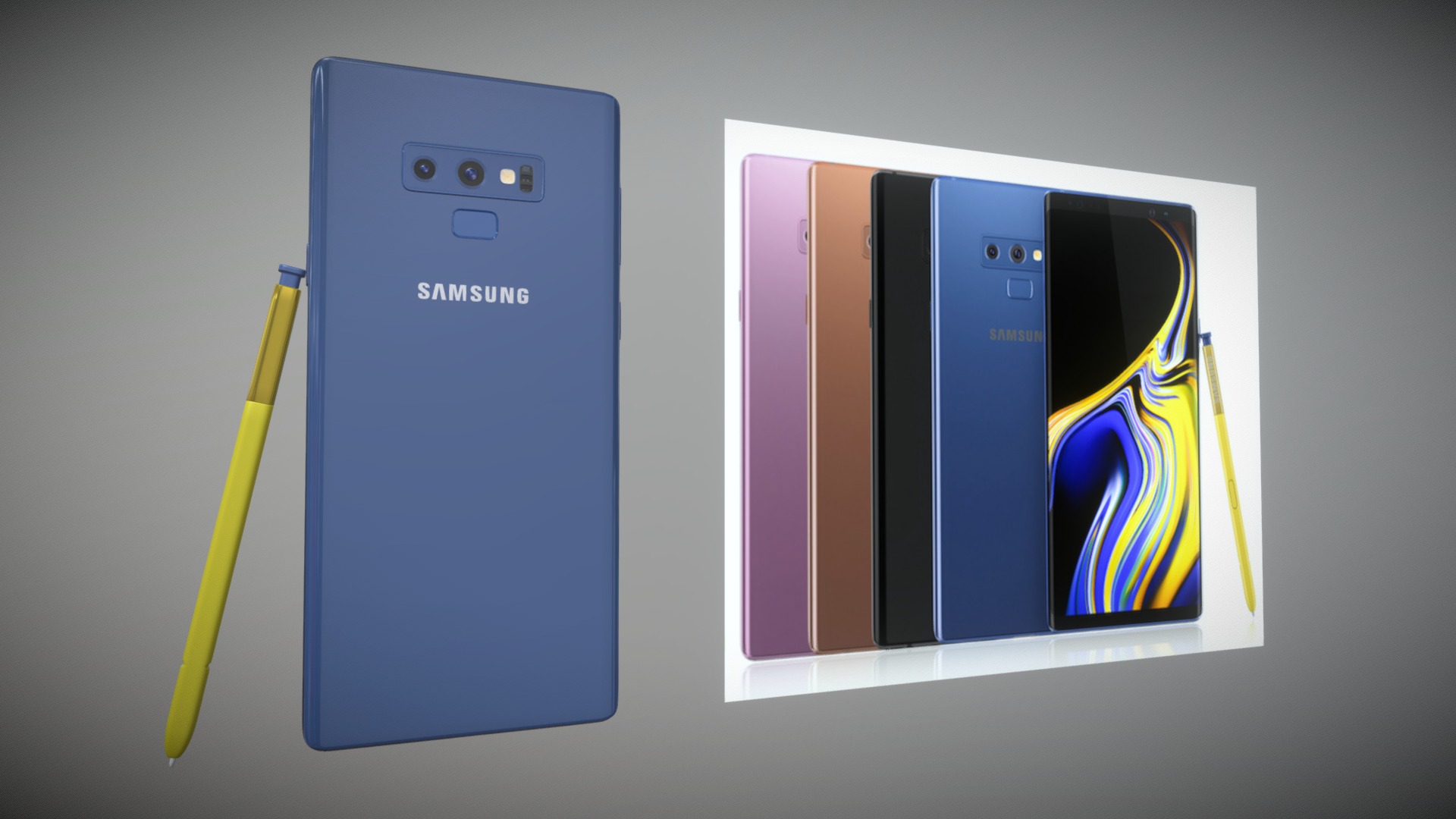 3D model Samsung GALAXY Note 9 all colors - This is a 3D model of the Samsung GALAXY Note 9 all colors. The 3D model is about a couple of cell phones.