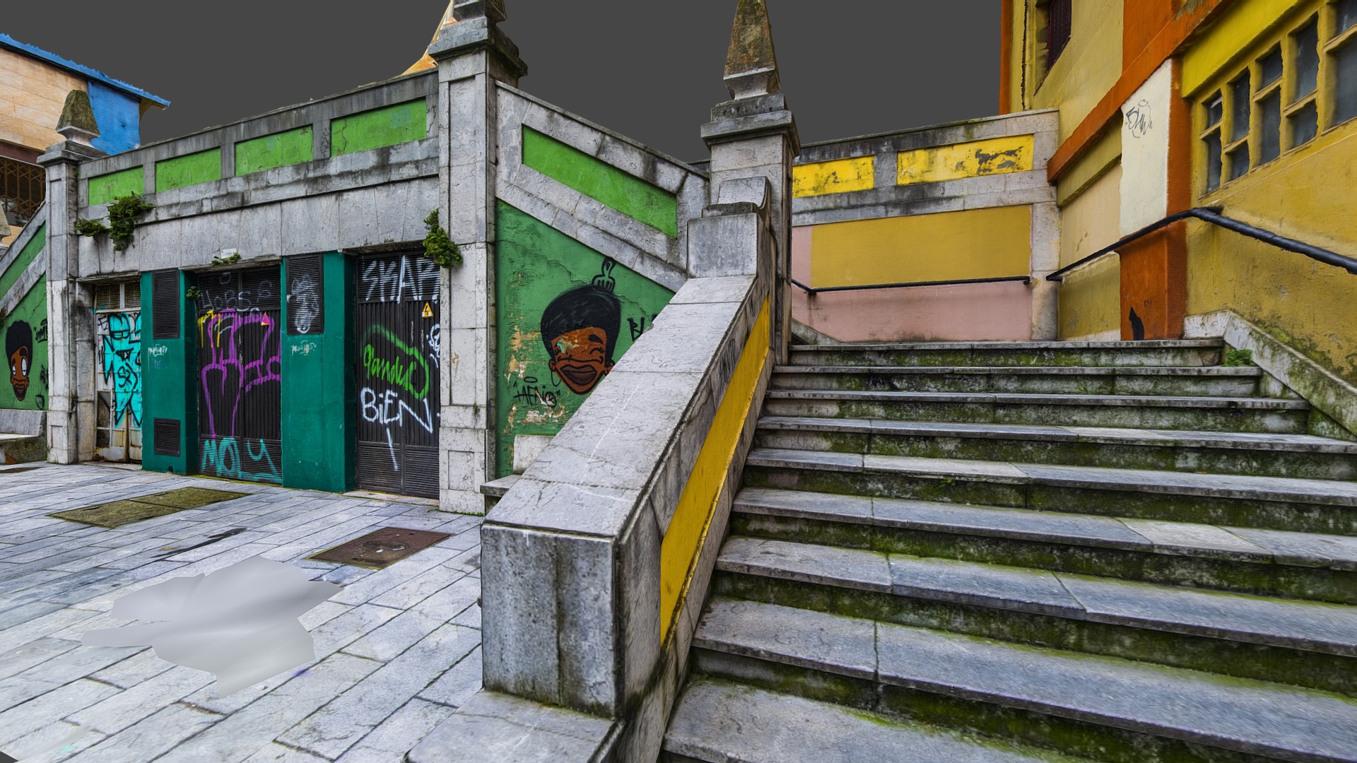3D model Graffitied stairs - This is a 3D model of the Graffitied stairs. The 3D model is about a set of stairs leading up to a building with graffiti on it.