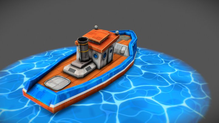 Low poly cartoon small fishing boat 3D Model