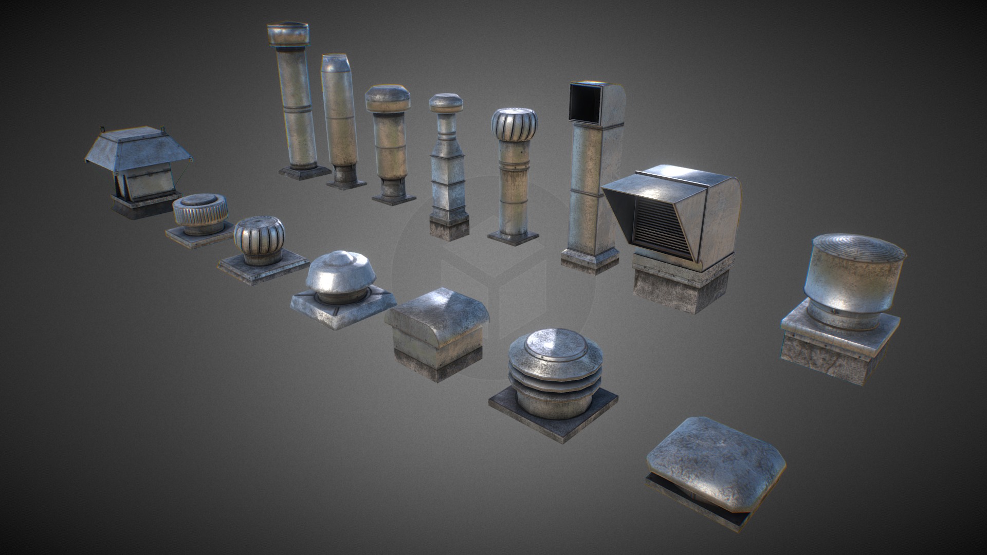 3D model Roof Elements Set 1 - This is a 3D model of the Roof Elements Set 1. The 3D model is about a group of metal objects.