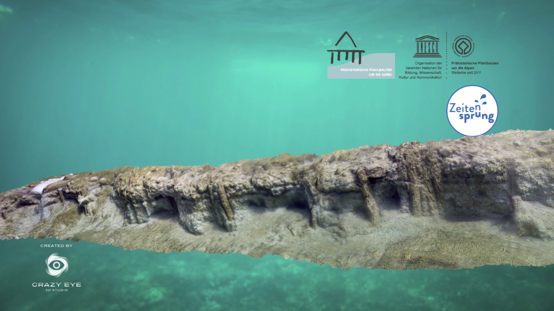 Underwater scene: neolithic pile dwellings