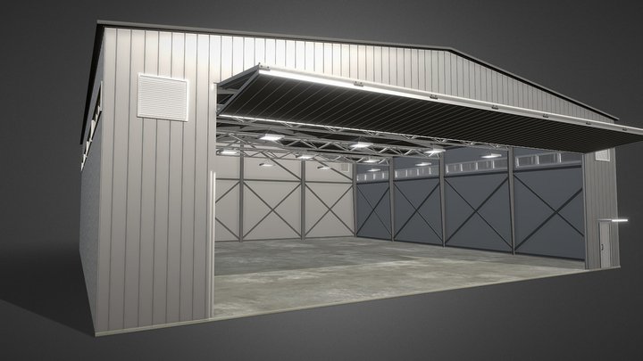 Animated Hangar for military with sliding gates 3D Model