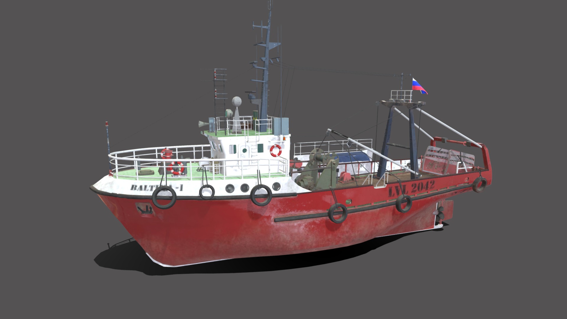 3D model Fishing Trawler PBR - This is a 3D model of the Fishing Trawler PBR. The 3D model is about a red and white boat.