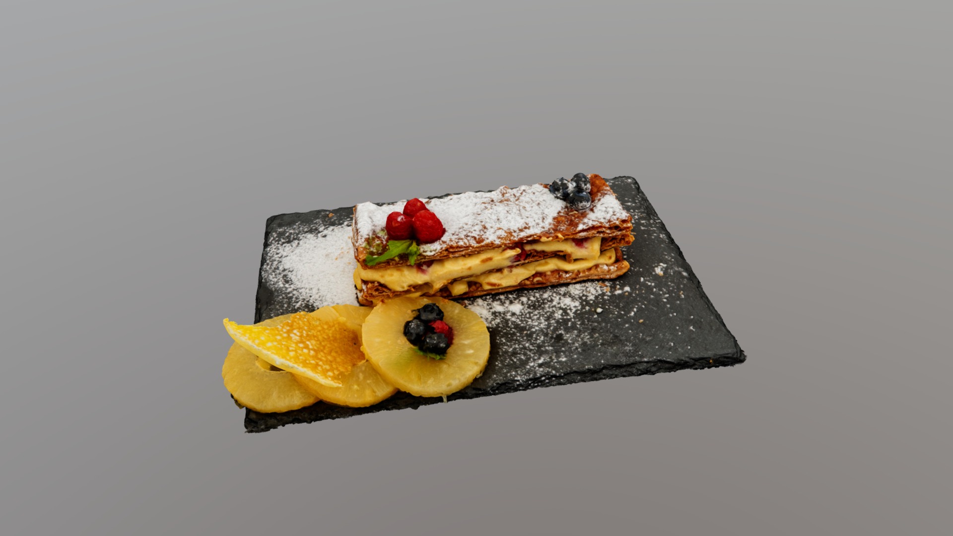 3D model Millefoglie - This is a 3D model of the Millefoglie. The 3D model is about a sandwich with fruit on a black plate.