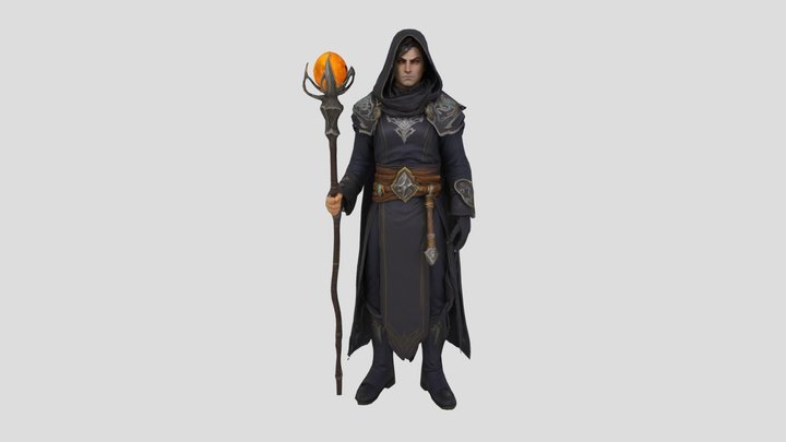 Human warlock, dark outfit, natural pose, staff. 3D Model