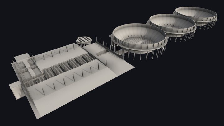 Casa de Máq. e 3 Armazéns Circulares de 18000tn 3D Model