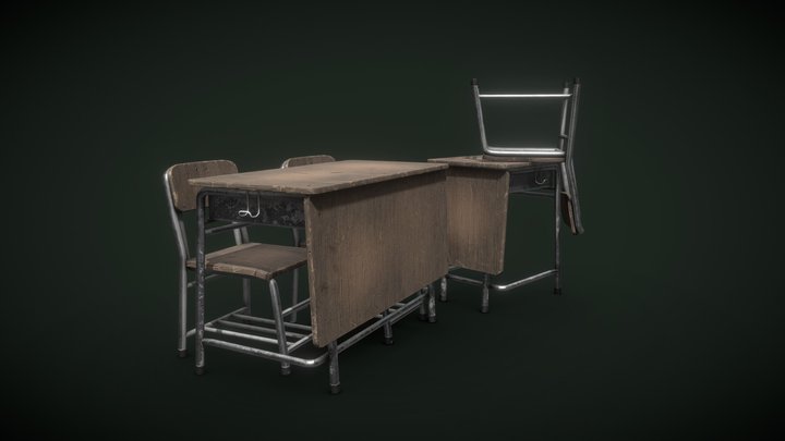 Old school desks & chair 3D Model