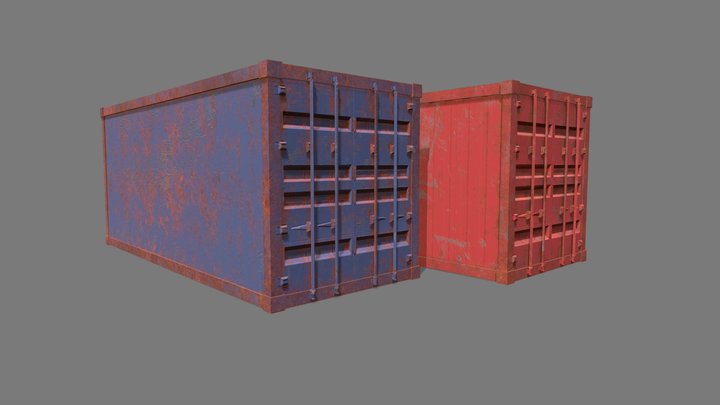 Red and Blue Rusting Shipping Containers 3D Model