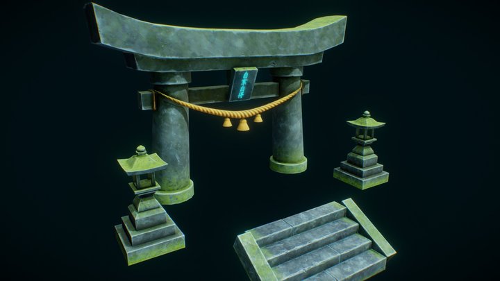 Stylized Stone Torii (Japanese Gate) and Toro 3D Model