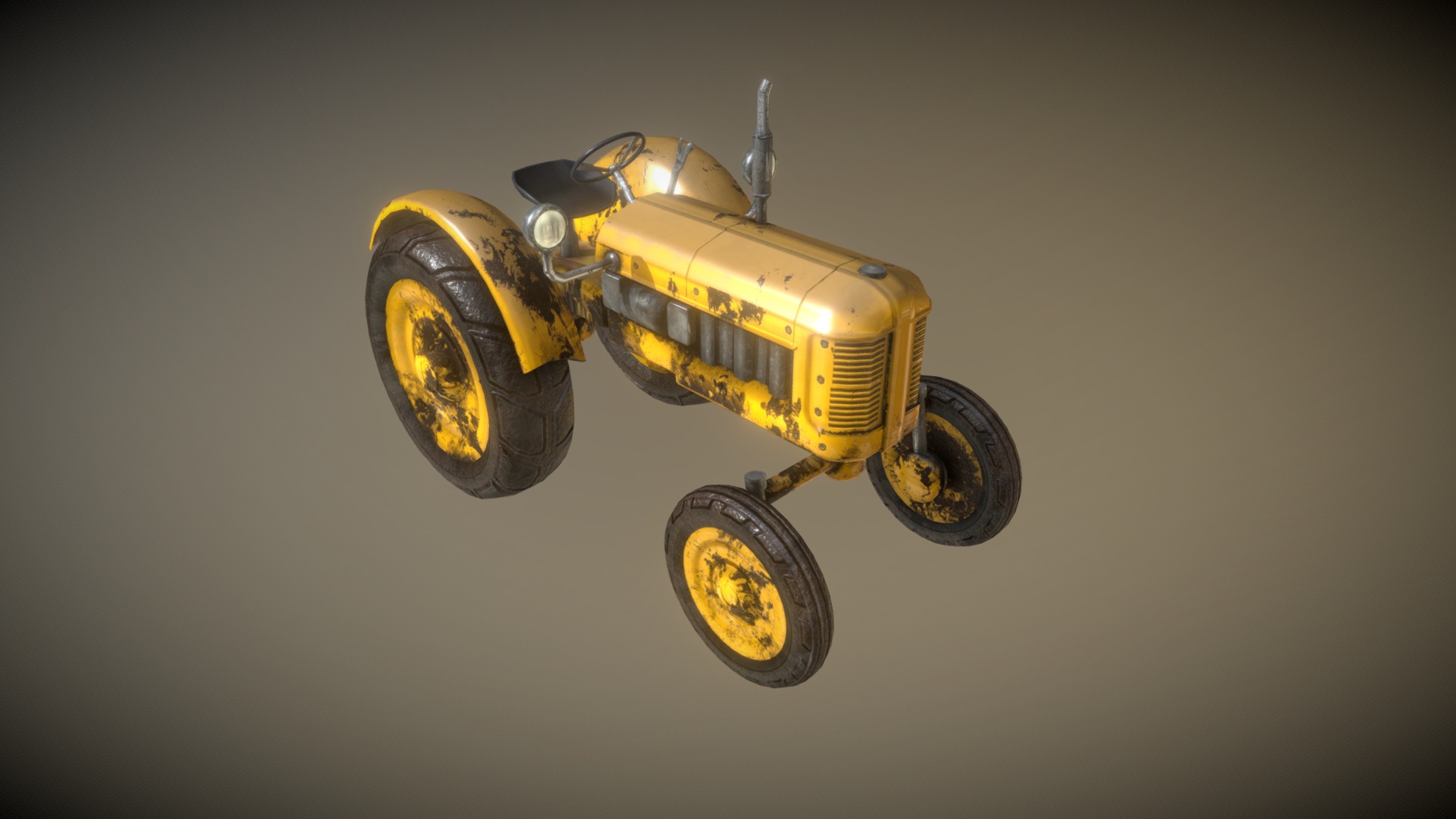 3D model Low Poly Tractor Game Ready Old Yellow PBR - This is a 3D model of the Low Poly Tractor Game Ready Old Yellow PBR. The 3D model is about a toy car on a grey background.