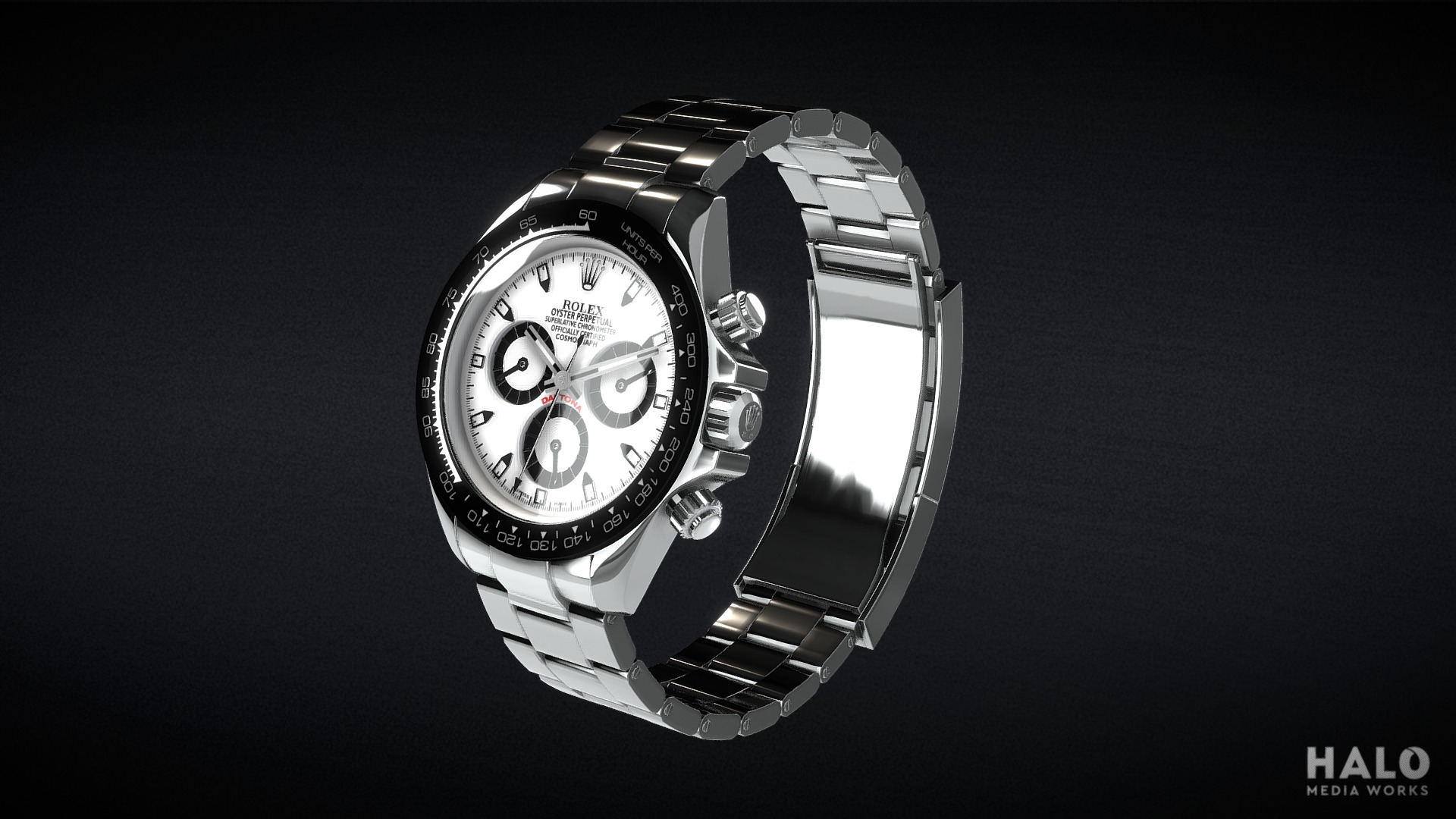 3D model Rolex Cosmograph Daytona Watch - This is a 3D model of the Rolex Cosmograph Daytona Watch. The 3D model is about a silver watch with a black background.