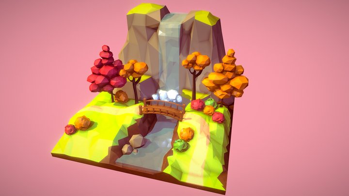 Low Poly Waterfall Scene 3D Model