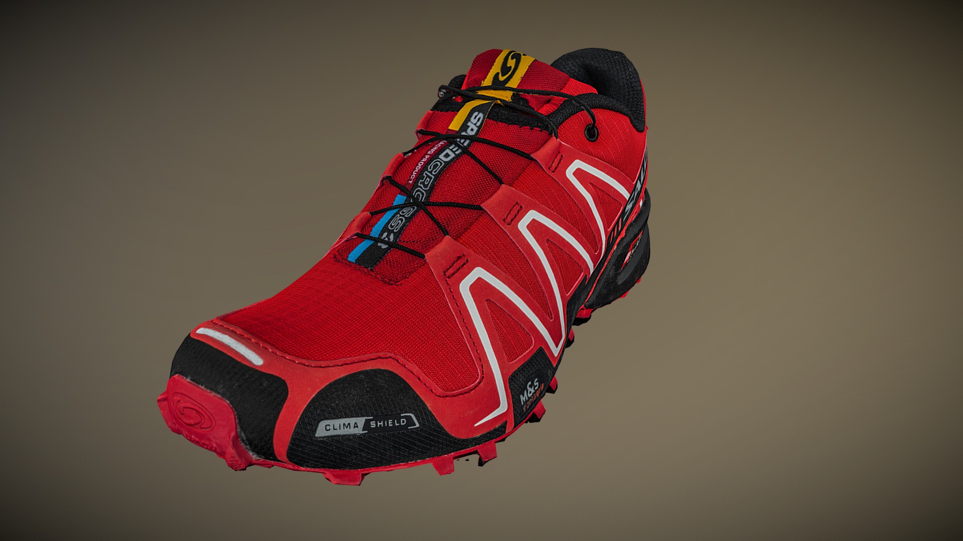 3D model Salomon SpeedCross low poly photogrammetry scan - This is a 3D model of the Salomon SpeedCross low poly photogrammetry scan. The 3D model is about a red and black shoe.