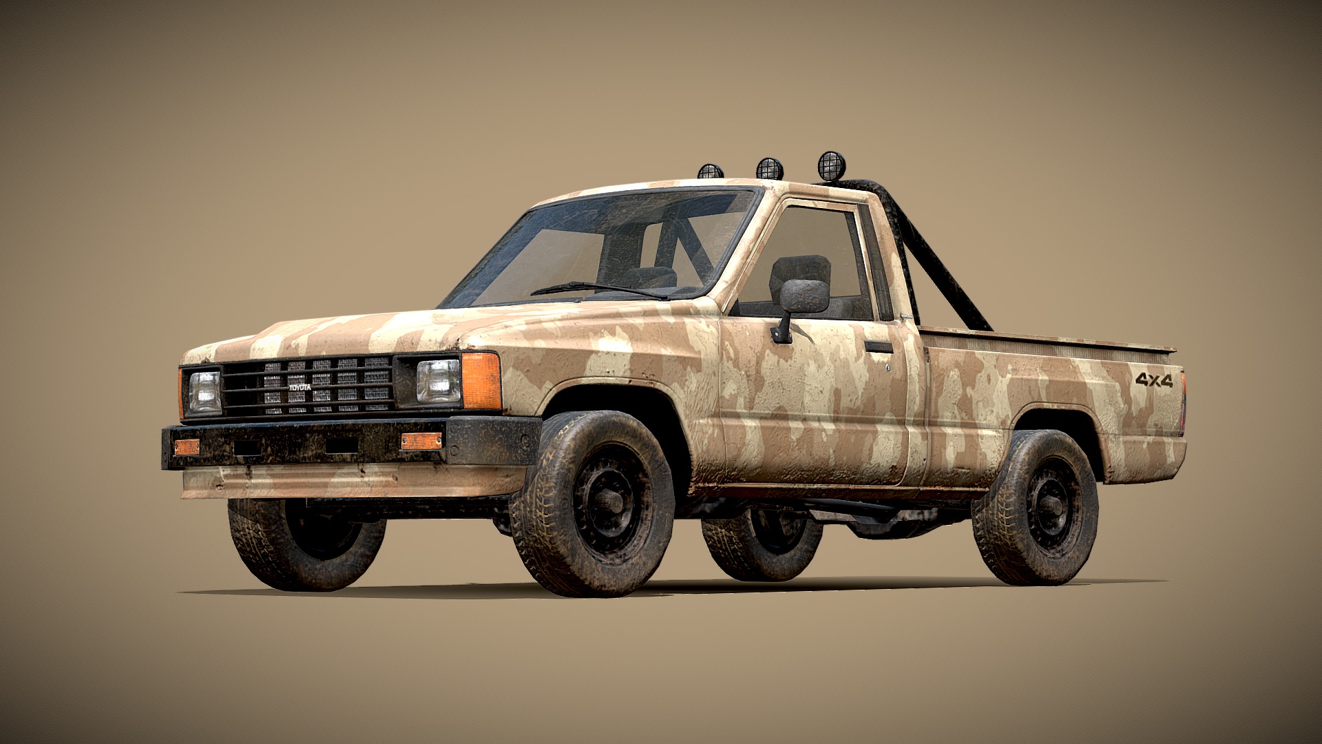3D model Toyota Hilux 1983 Camouflage - This is a 3D model of the Toyota Hilux 1983 Camouflage. The 3D model is about a brown and white truck.