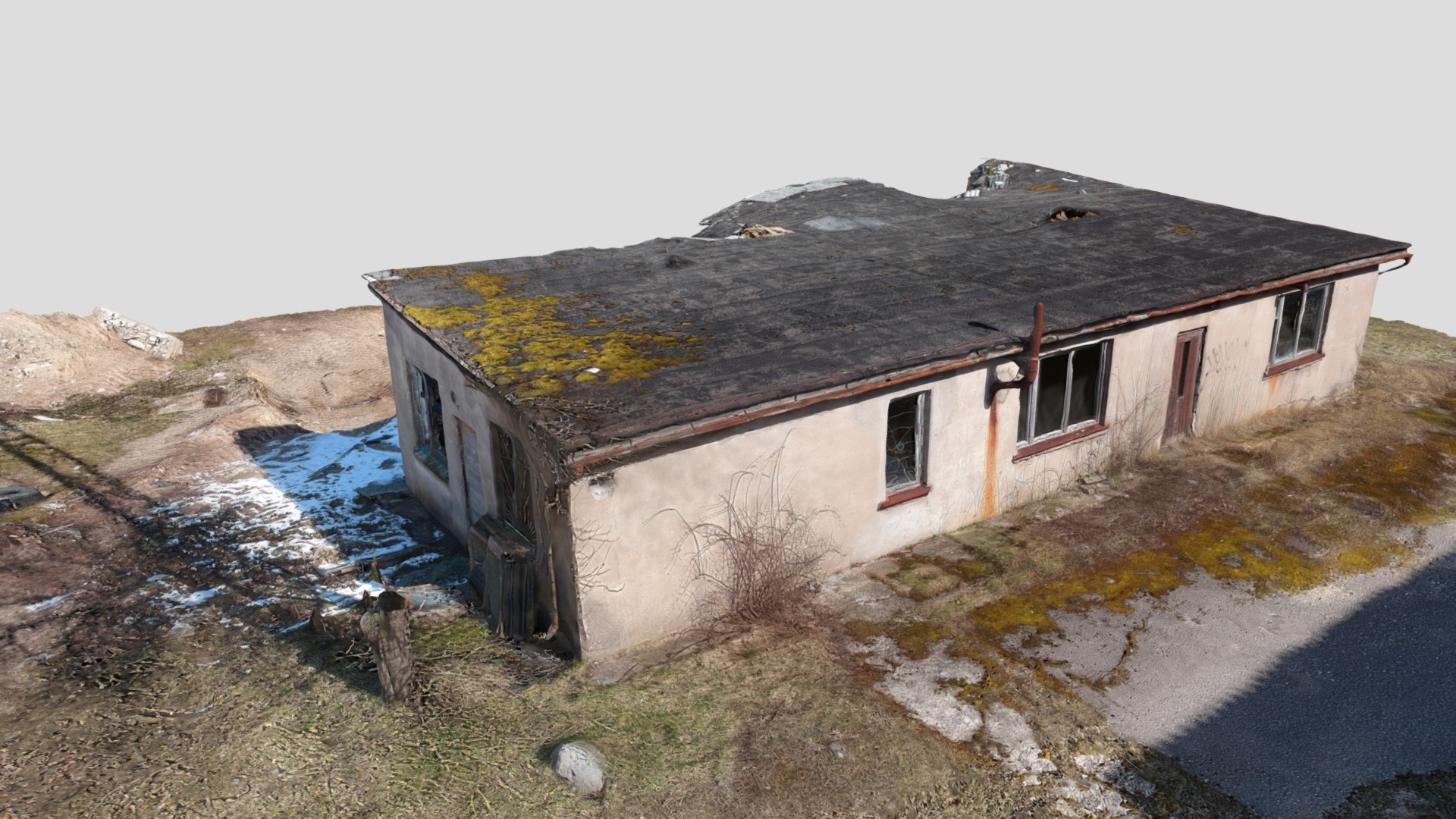 3D model Abandoned countryside house - This is a 3D model of the Abandoned countryside house. The 3D model is about a house with a lot of debris on the roof.