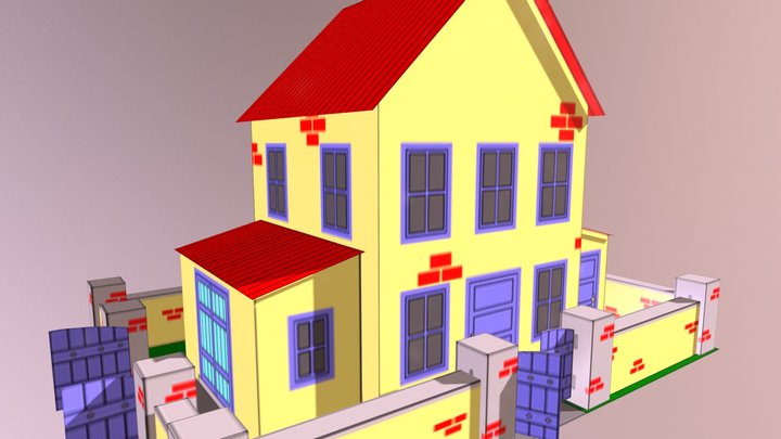 Yellow House With Yard Paper Model 3D Model