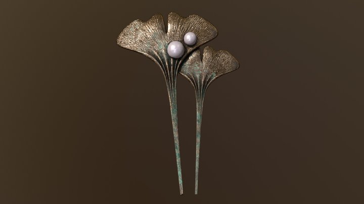 Art Nouveau Ginkgo Leaf Hair Pin // Bronze 3D Model