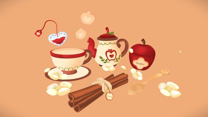 Warm Apple Teacup Set 3D Model