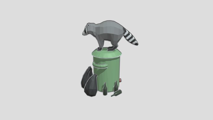Low-Poly Racoon On Trashcan 3D Model