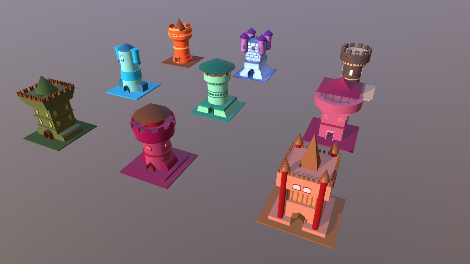 3D model Fantasy Defence Tower Pack – Low Poly - This is a 3D model of the Fantasy Defence Tower Pack - Low Poly. The 3D model is about a group of toys.