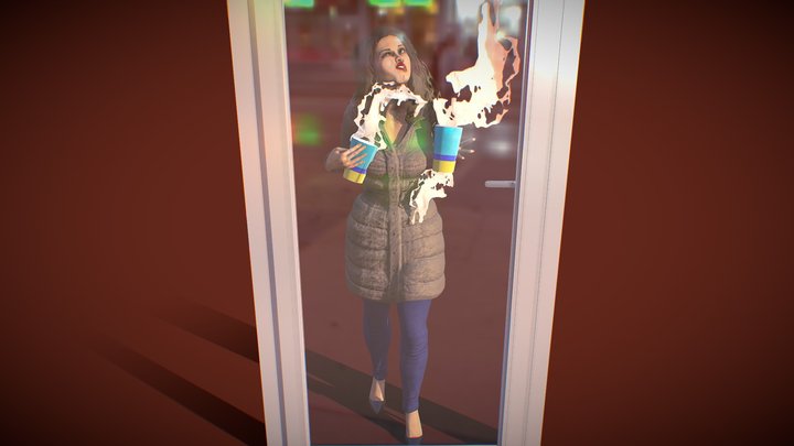 Female with Milkshakes Walking into Glass Door 3D Model