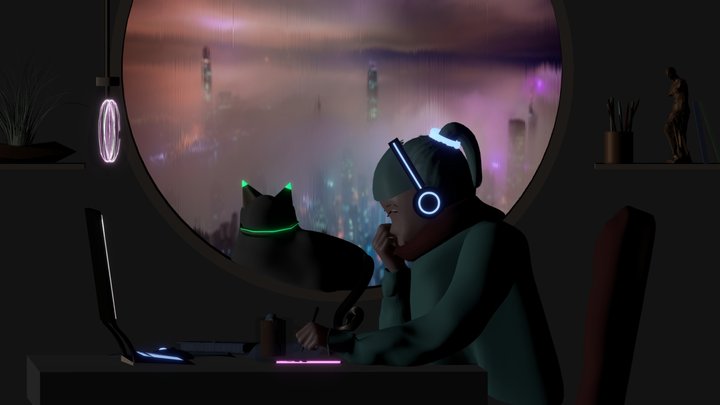 Lo-Fi Cyberpunk Study Girl 3D Model