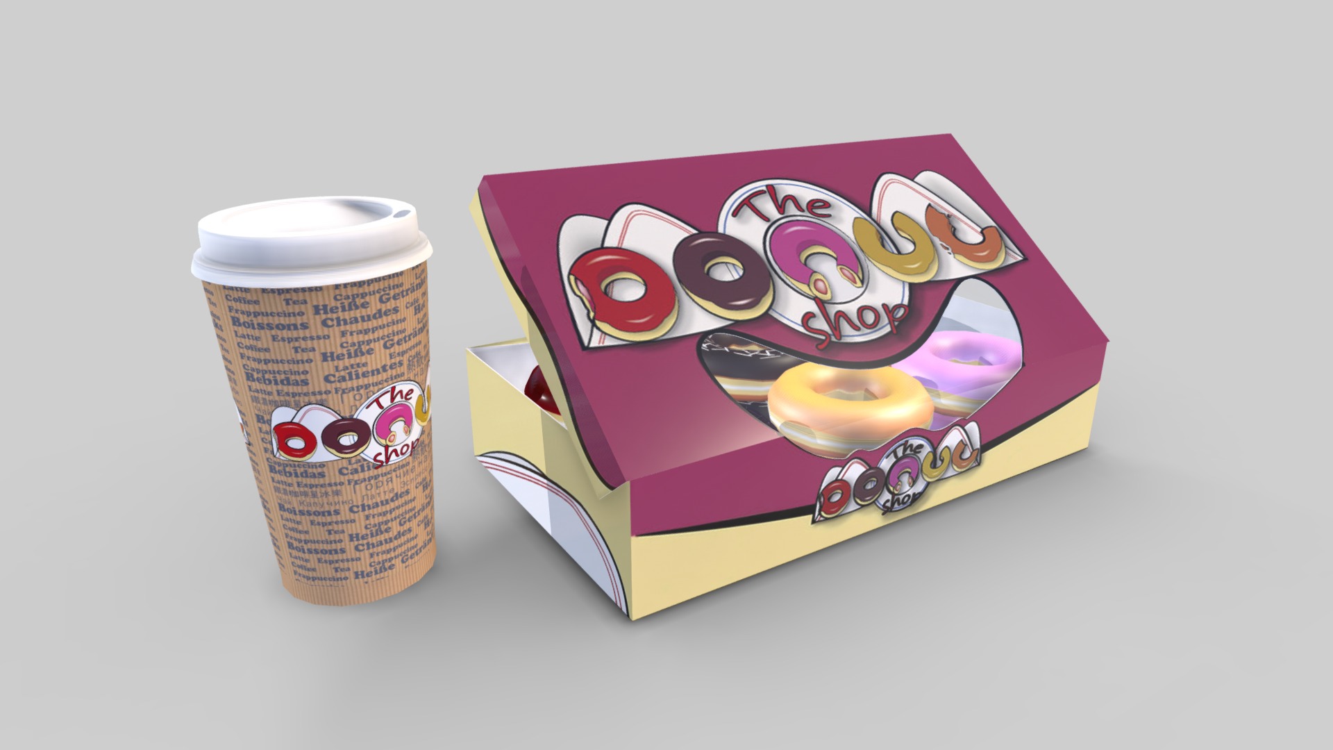 3D model Donuts Box and Coffee Cup – Raspberry Version - This is a 3D model of the Donuts Box and Coffee Cup - Raspberry Version. The 3D model is about text.
