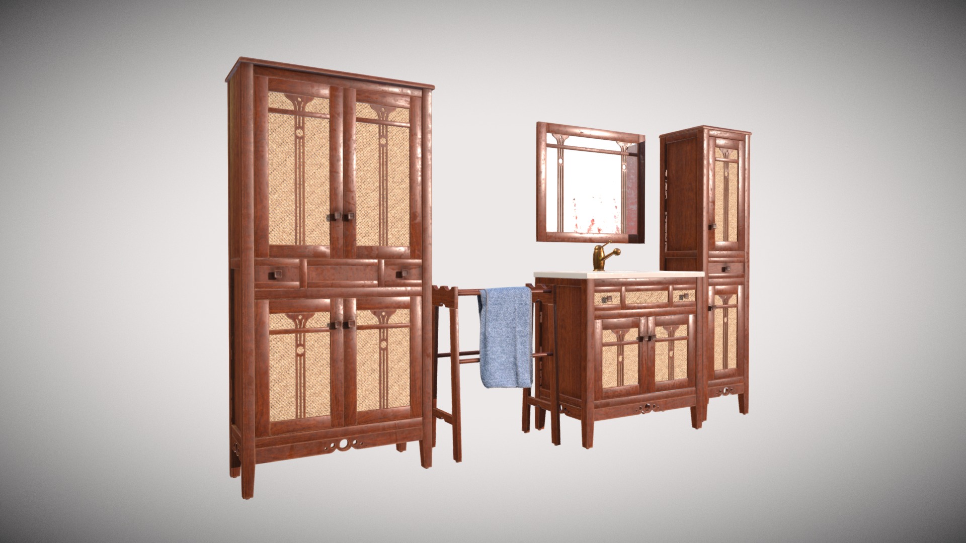 3D model Bathroom Set - This is a 3D model of the Bathroom Set. The 3D model is about a couple of wooden cabinets.