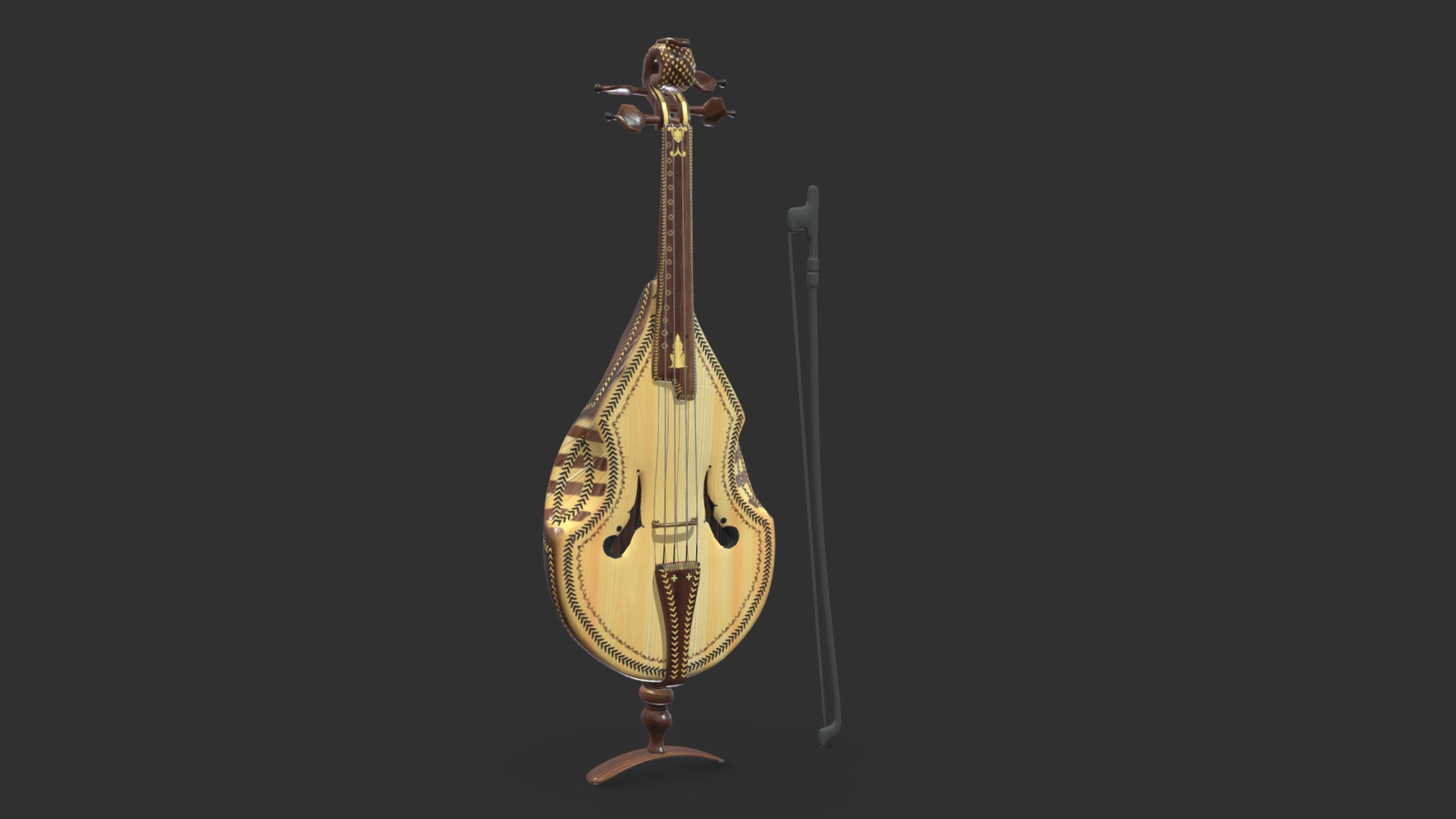 3D model Chinese Instrument - This is a 3D model of the Chinese Instrument. The 3D model is about a gold and black guitar.