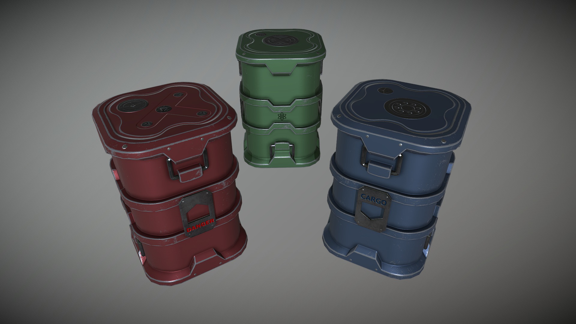 3D model Sci-fi barrels - This is a 3D model of the Sci-fi barrels. The 3D model is about a group of colorful objects.