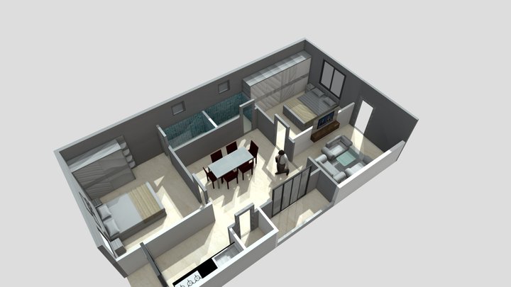 2 BHK Cut Floor Plan for 100 projects 3D Model