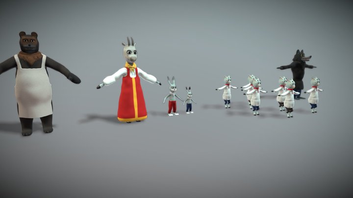 Wolf and 7 kids 3D Model