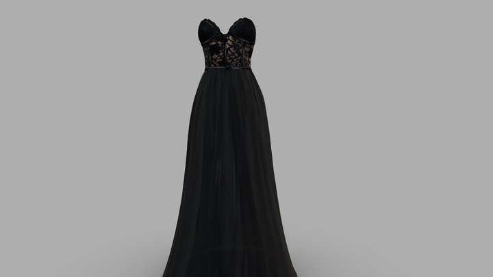 Strapless Black Tulle Skirt Long Dress 3D Model