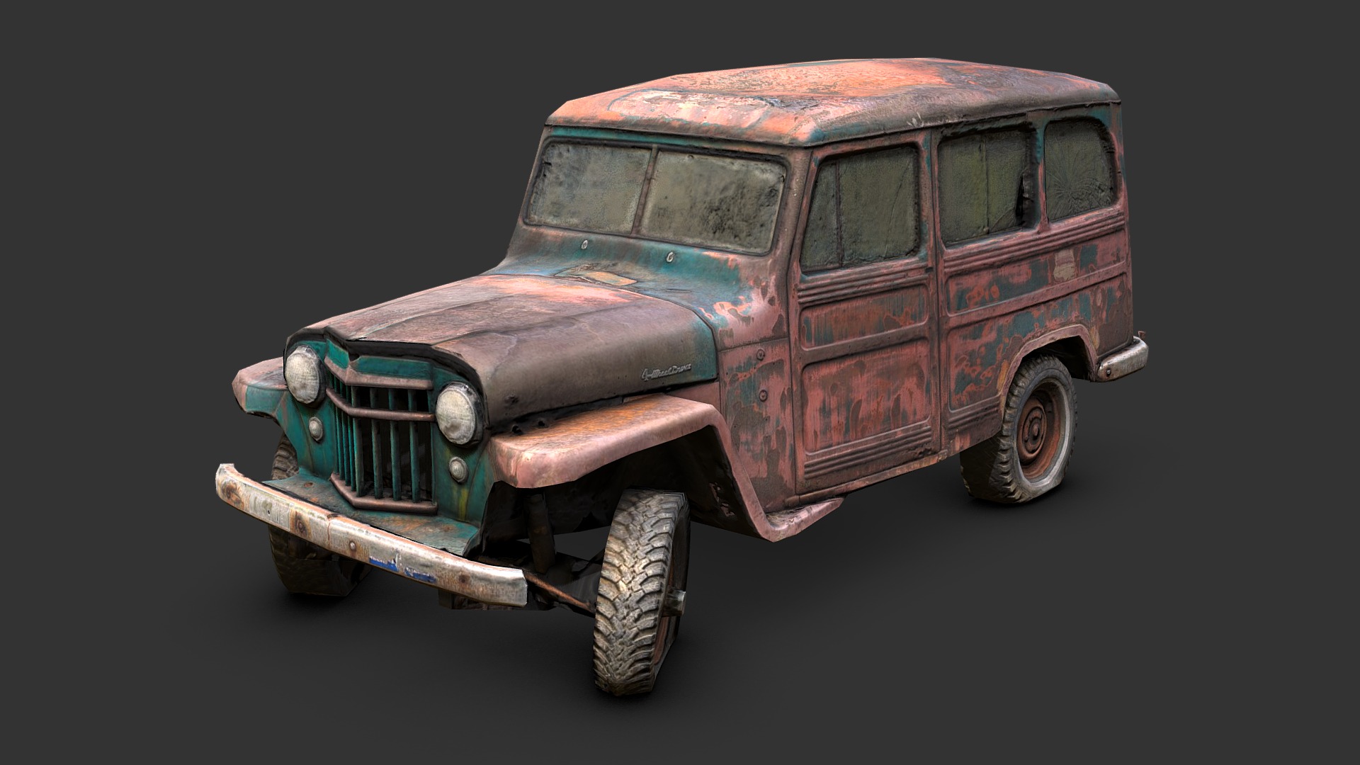 3D model 1956 Willys Utility Wagon (Gameready from scan) - This is a 3D model of the 1956 Willys Utility Wagon (Gameready from scan). The 3D model is about a small rusted car.