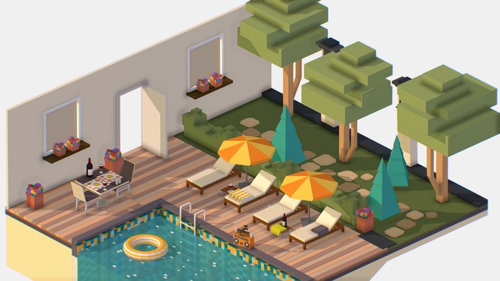 Isometric Backyard Scene With Pool House 3D Model