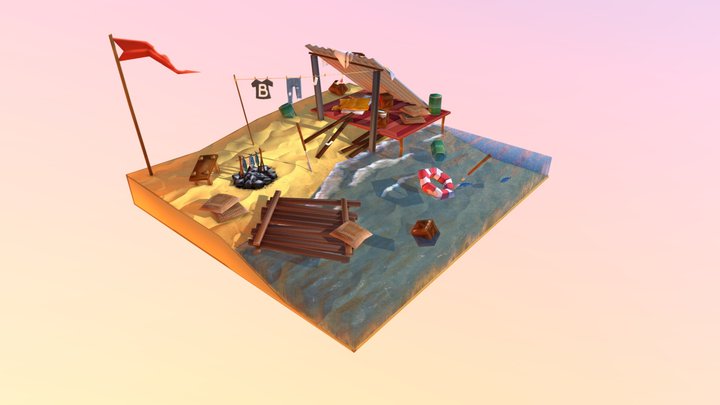 Lowpoly Shipwrecked Camp 3D Model