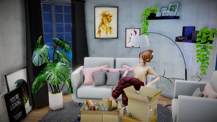 Lie down in living room 3D scene (Rigged + BPR) 3D Model