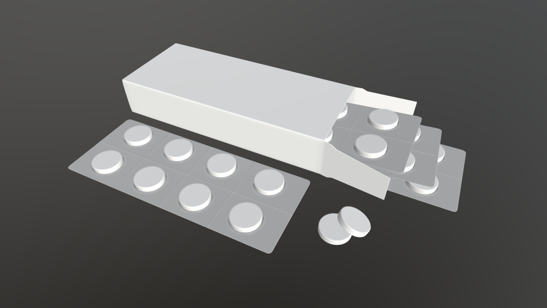 3D model pills in package - This is a 3D model of the pills in package. The 3D model is about a white box with white circles.